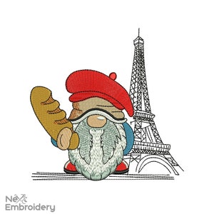 Paris Gnome Embroidery Design, Eiffel Tower Machine Embroidery Designs, Instant Download