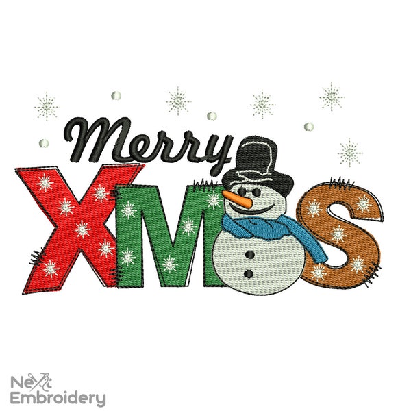 Merry Xmas Embroidery Design, Christmas Snowman Machine Embroidery Design, Instant Download
