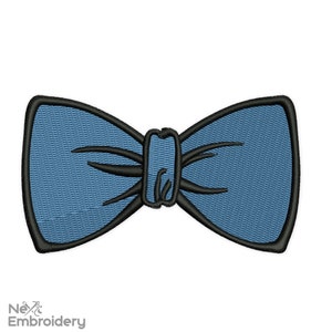 May include: A blue bow tie with a black outline. The bow tie is a simple design with no embellishments.
