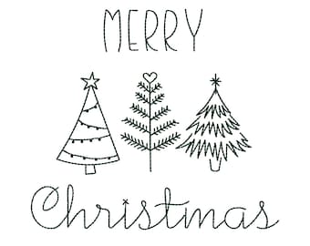 Op de afbeelding: Een zwart-witte illustratie van drie gestileerde kerstboom met de tekst "Merry Christmas" erboven.