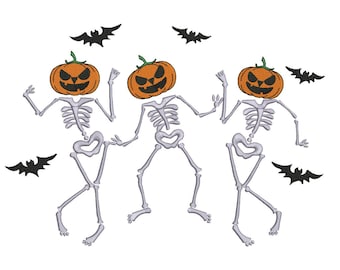 Disegno di ricamo di scheletri danzanti, disegno di ricamo di scheletro di zucca di Halloween, file di ricamo a macchina di Halloween