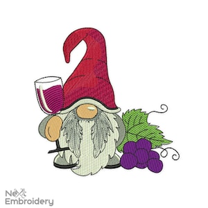 Wine Gnome Embroidery Design, Wine Embroidery Design, Teatowel embroidery design,