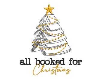 May include: A black and white illustration of a Christmas tree made of stacked books with a gold star on top. The tree is decorated with a string of gold lights. The text "all booked for Christmas" is below the tree.