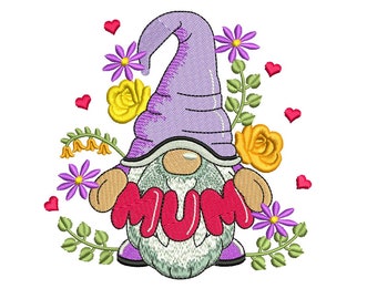 May include: A purple gnome with a white beard holding a red heart with the word "MUM" on it. The gnome is surrounded by yellow roses, purple flowers, and green leaves.