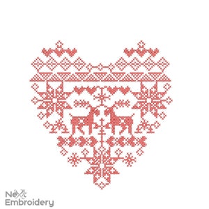 Disegno di ricamo a forma di cuore natalizio scandinavo, disegno di ricamo a macchina simulato a punto croce