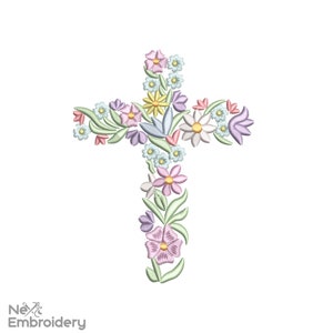 May include: A cross made of flowers in shades of pink, purple, yellow, and blue. The flowers are arranged in a symmetrical pattern around the cross.
