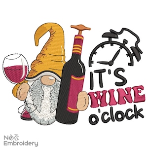 May include: A gnome holding a glass of wine and a bottle of wine with a clock that says "It's Wine o'clock".