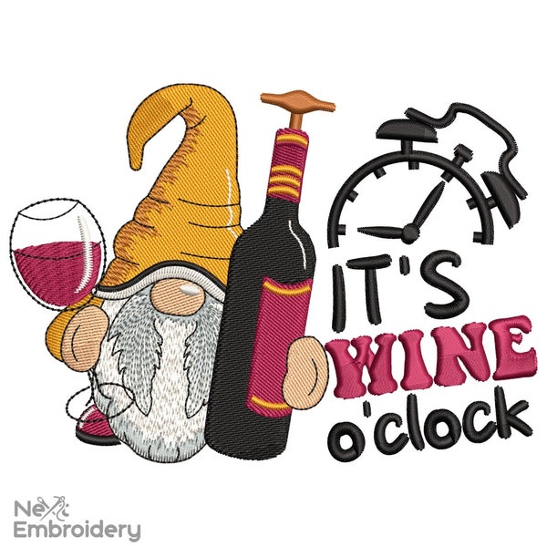 It's Wine o'clock Gnome Embroidery Design, Funny Wine Embroidery Design, Teatowel embroidery design,