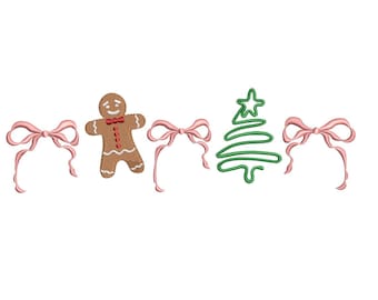 Può includere: Un design festivo con un omino di pan di zenzero, un albero di Natale e fiocchi rosa. L'omino di pan di zenzero è marrone con un papillon rosso. L'albero di Natale è verde con una stella. I fiocchi sono rosa. Ideale per progetti creativi natalizi.