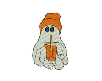 Halloween Ghost Embroidery Design, Ice Coffee Boo (Instant Download)