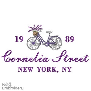 May include: Purple bicycle with a basket of lavender flowers, with the text "19 Cornelia Street NEW YORK, NY 89" below.