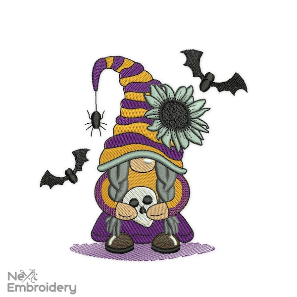 Skull Girl Gnome Embroidery Design, Halloween embroidery design, spooky season design