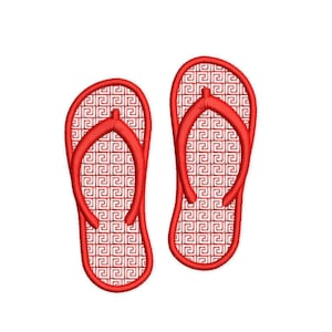 May include: A pair of red flip-flops with a white geometric pattern.