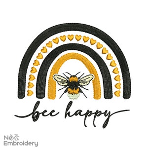 May include: Black and yellow bee with a rainbow arch made of black and yellow stripes with gold hearts. The text "bee happy" is below the rainbow.