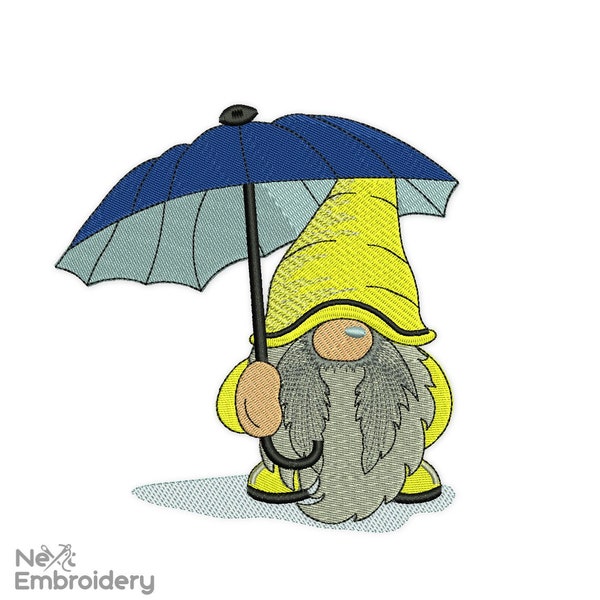 Gnome with Umbrella Embroidery Design. Rain Fall Autumn Yellow Gnome. 4 sizes. Instat Download