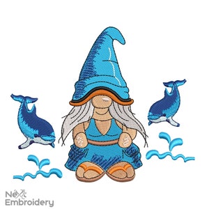Disegno da ricamo gnomo delfino. Disegni da ricamo estivi gnomo ragazza, download immediato