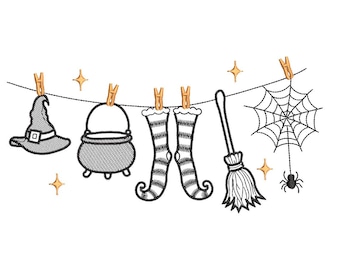 Halloween Spooky Season Embroidery Design, Witch Hat, Cauldron, Spiderweb (Instant Download)