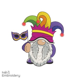 May include: A purple and yellow gnome wearing a jester hat and holding a purple and gold masquerade mask.