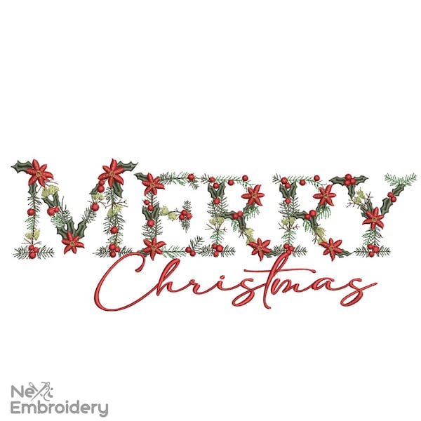 Merry Christmas Embroidery Design, Floral Merry Christmas, Tis the Season Christmas Embroidery Files, Christmas sweatshirt Embroidery Files