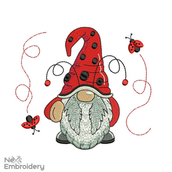 Ladybug Gnome Embroidery Design, Summer Embroidery Designs, Instant Download