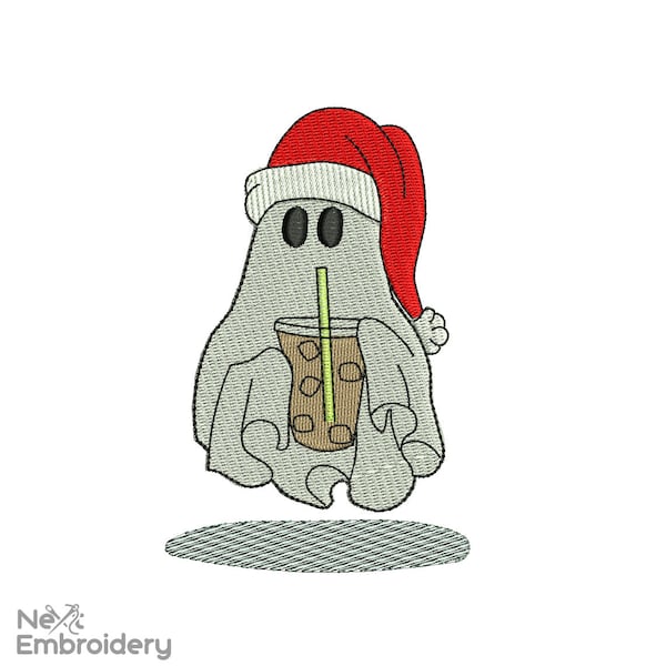 Christmas Ghost with Ice Coffee Embroidery Design, Beanie Boho Ghost Embroidery Design, Boo Embroidery, Ice Coffee Machine Embroidery Files,