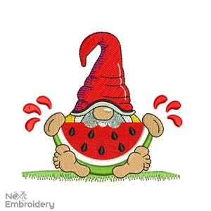 May include: A red and white gnome with a red hat is sitting on a green patch of grass. The gnome is holding a slice of watermelon in front of it.