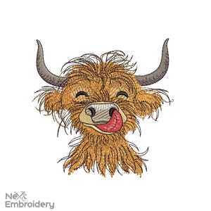 Lustige Highland Kuh Stickdatei, süsses Lächeln auf dem Bauernhof Stickdatei, Sofort download
