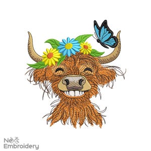 Highland Kuh Stickmuster, Süßes Lächeln auf dem Bauernhof Stickmuster, zum sofortigen Download