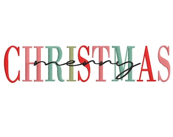 May include: Embroidered design of the word "Christmas" with the word "merry" written in cursive in front of it. The letters are in red, pink, green, and yellow.