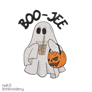 Boo-Jee Ghost with Iced Coffee Embroidery Design. Halloween Ghost Embroidery Design, Boo Embroidery, Machine Embroidery Files,