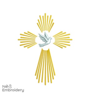 Może przedstawiać: Biała gołębica z rozpostartymi skrzydłami leci w środku złotego krzyża z promieniującymi promieniami światła.