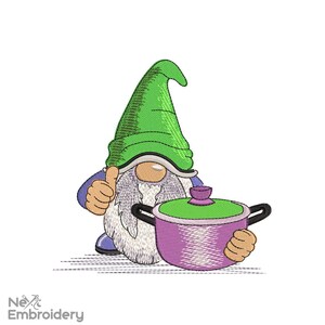 May include: A green-hatted gnome with a white beard gives a thumbs up while holding a purple pot with a green lid.
