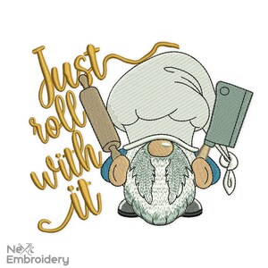 Just Roll with it Embroidery Design, Gnome Embroidery Design, Kitchen, Tea Towel Embroidery File