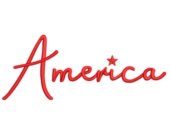 Puede incluir: Letras rojas en cursiva que dicen "America" con una pequeña estrella roja sobre la "a" de America.