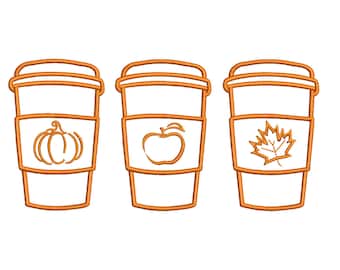 Fall Coffee Cup Embroidery Design, Pumpkin, Apple, Maple Leaf (Instant Download)