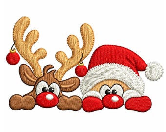 May include: An embroidered patch featuring a brown reindeer with large tan antlers decorated with two small red ornaments, positioned next to a character wearing a red Santa hat with a white fur trim and a red nose, both with large white eyes.