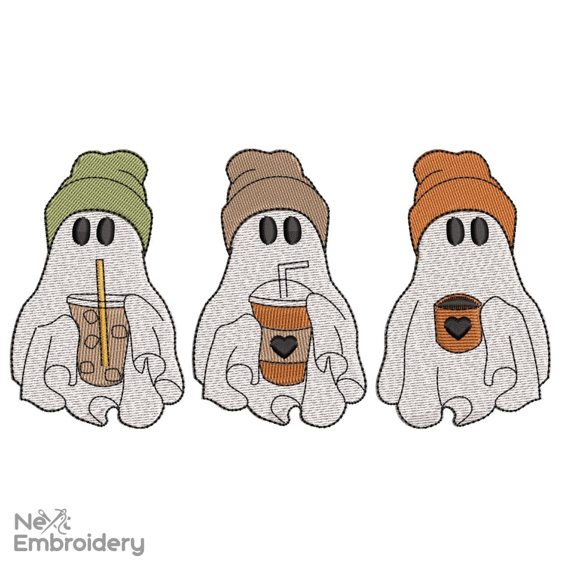 Halloween Ghost with Coffee Embroidery Design. Halloween Embroidery,