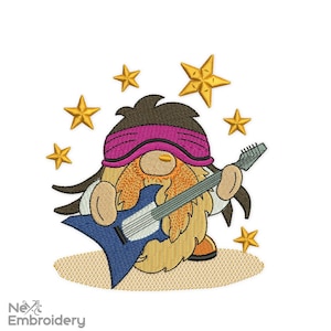 May include: A cartoon gnome with long brown hair and a pink headband plays a blue electric guitar. The gnome is surrounded by yellow stars.