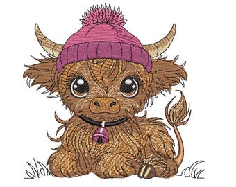 Baby Highland Cow Embroidery Design, Farm Animal (Instant Download)