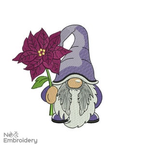 Christmas Embroidery Designs. Gnome with Poinsettia Embroidery Design, Holiday Machine Embroidery File
