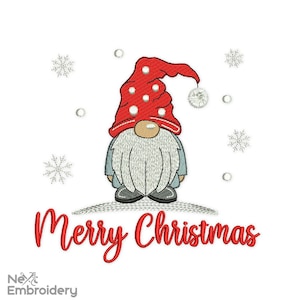 May include: Red and white gnome with a white beard and a red hat with white polka dots. The gnome is standing on a white snowy surface with snowflakes and the text "Merry Christmas" in red.