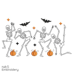 May include: Four skeletons dancing with pumpkins and bats. The skeletons are white with black outlines. The pumpkins are orange with black stems. The bats are black.