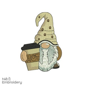 May include: A brown and white gnome with a brown hat with white polka dots holds a brown and white coffee cup with the word "HOT" on it.