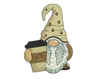 Coffee Gnome Embroidery Design, Teatowel Design (Instant Download)