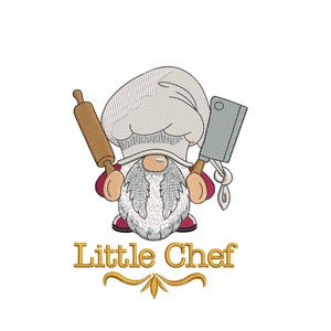 May include: A cartoon gnome wearing a white chef's hat and holding a rolling pin and a butcher knife. The gnome has a white beard and red trousers. The text "Little Chef" is written below the gnome in gold letters.