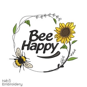 Bee Happy embroidery design, Machine embroidery file, Instant Download