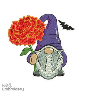 October Marigold Gnome Embroidery Design, Month Flower Embroidery