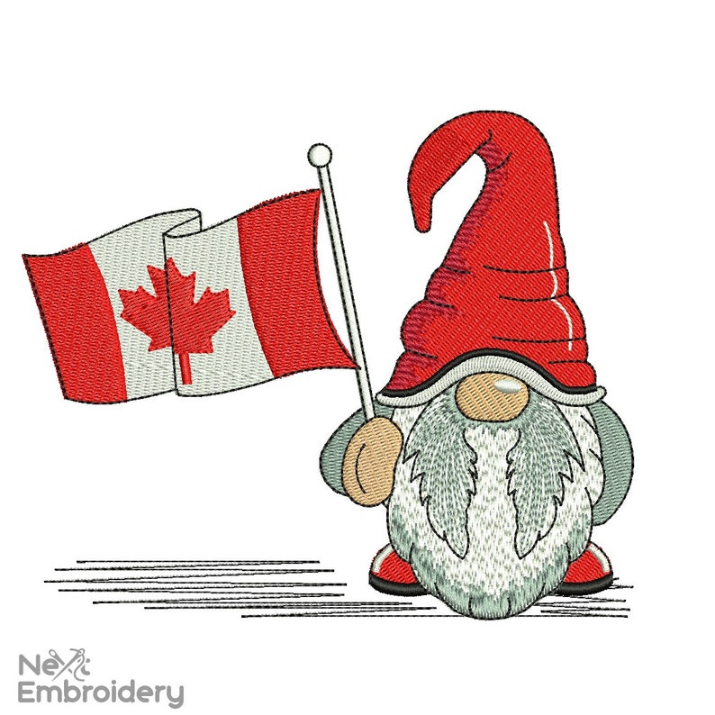 May include: A red and white gnome with a white beard and a red hat holds a Canadian flag. The gnome is wearing red shoes.