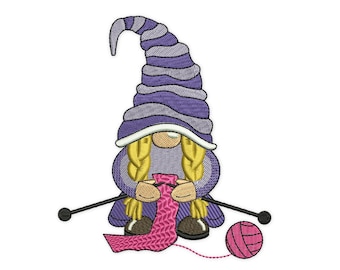 Knitting Girl Gnome Embroidery Design (Instant Download)