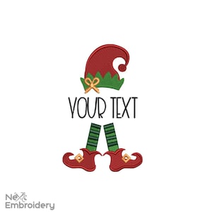 May include: A festive design featuring an elf hat, legs, and shoes. The hat is red with a green brim and a gold bow. The legs are green and black striped, and the shoes are red with gold accents. The text "YOUR TEXT" is displayed in black.